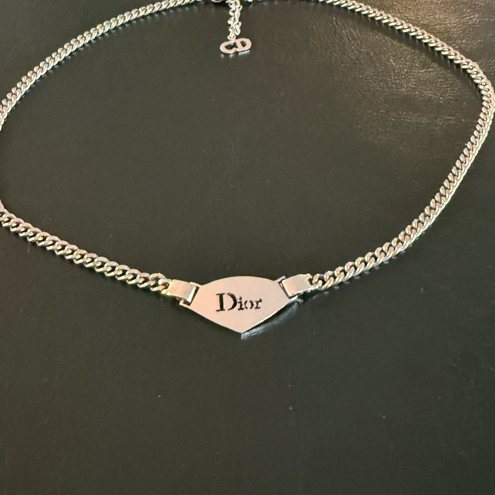 Christian Dior Vintage Silver-Tone Plate Logo Chain Necklace